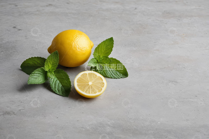 高清大图下载【趣麦麦图】灰色背景上的柠檬与薄荷叶