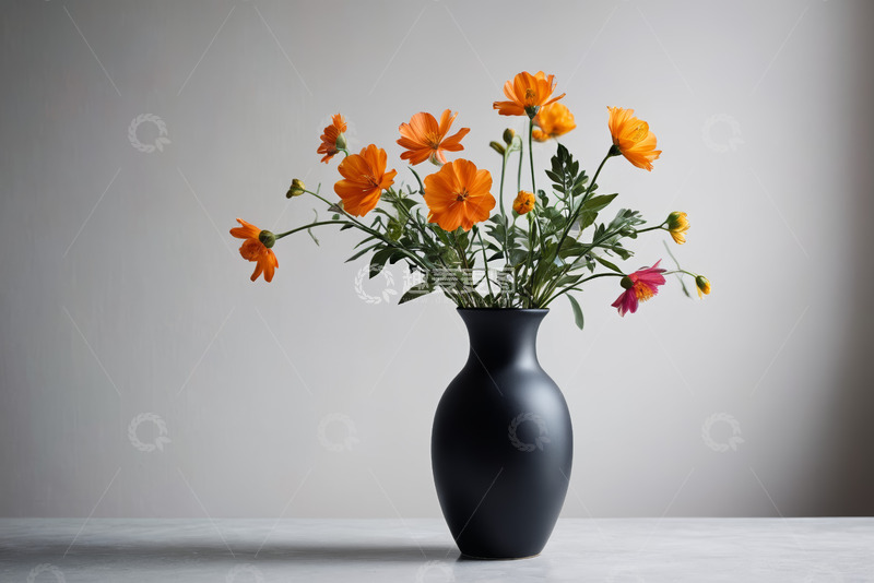 高清大图下载【趣麦麦图】黑色花瓶中盛放的橙色花朵