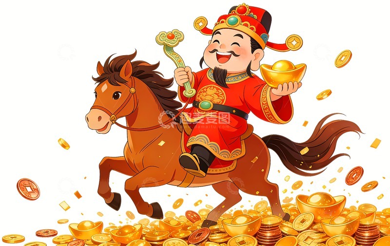 高清大图下载【趣麦麦图】骑着马的财神爷马年发财