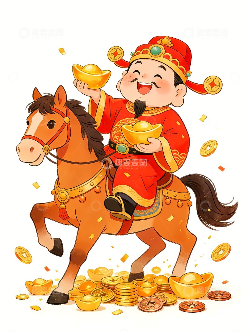 高清大图下载【趣麦麦图】骑着马拿着元宝的财神爷