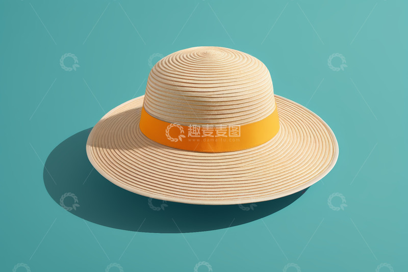 高清大图下载【趣麦麦图】蓝底米色草帽配橙色饰带