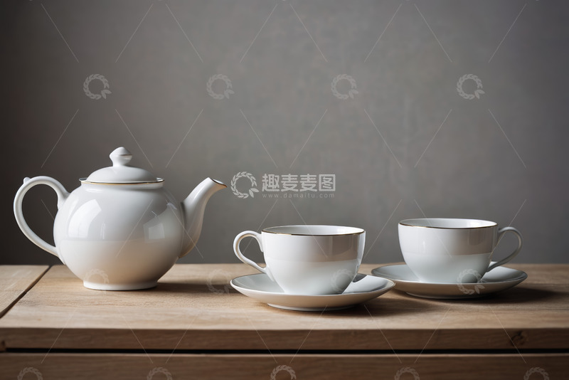 高清大图下载【趣麦麦图】木质桌上的白色茶具组合