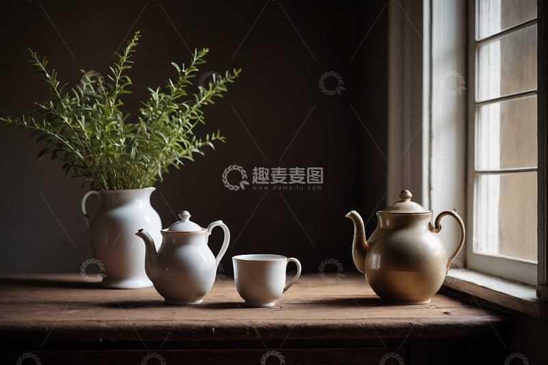 高清大图下载【趣麦麦图】窗边木桌上的茶壶与茶杯