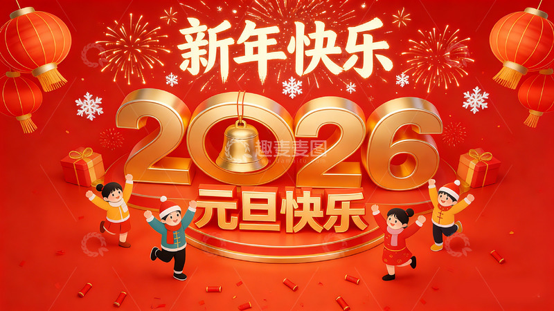 高清大图下载【趣麦麦图】喜庆新年2026元旦海报设计