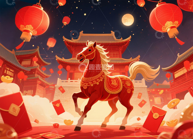 高清大图下载【趣麦麦图】春节喜庆骏马灯笼插画