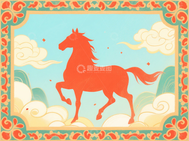 高清大图下载【趣麦麦图】古风骏马祥云插画