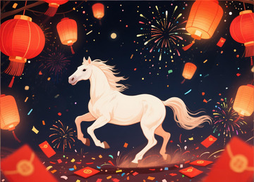 庆典白马烟花灯笼插画