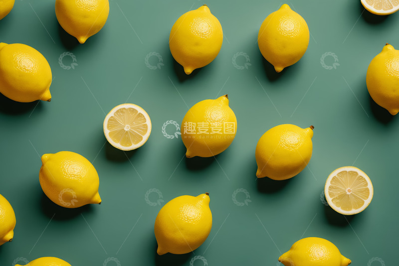 高清大图下载【趣麦麦图】绿色背景上的柠檬及柠檬切片