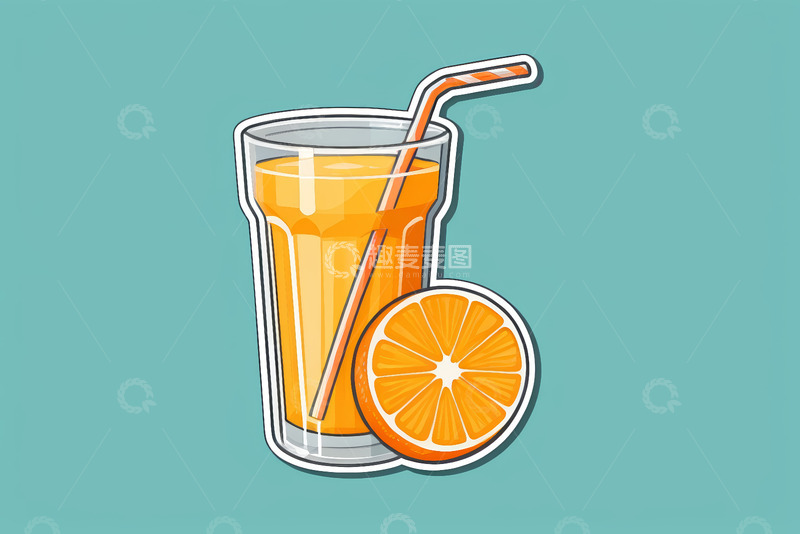 高清大图下载【趣麦麦图】插画风格玻璃杯装橙汁配橙片