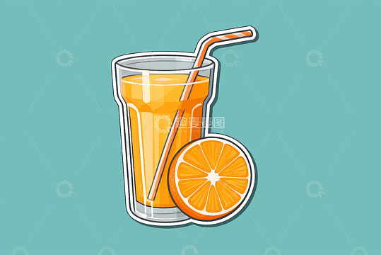 插画风格玻璃杯装橙汁配橙片