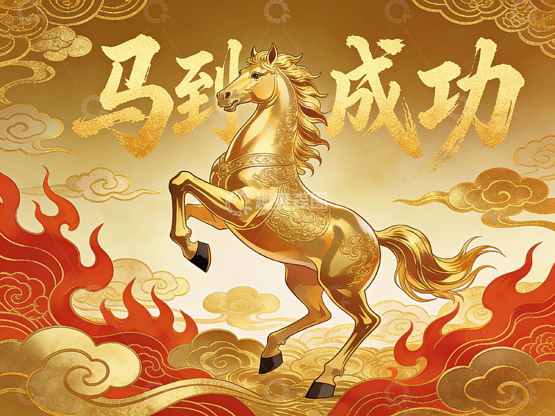 高清大图下载【趣麦麦图】金色马到成功艺术画作