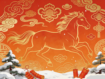 金色骏马新年贺岁插画