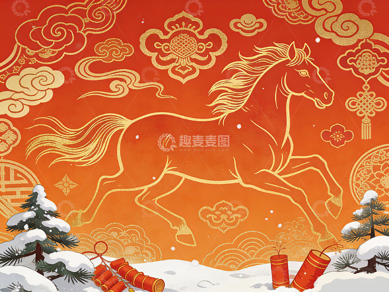 高清大图下载【趣麦麦图】金色骏马新年贺岁插画