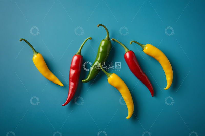 高清大图下载【趣麦麦图】多彩辣椒摆放在蓝色背景上
