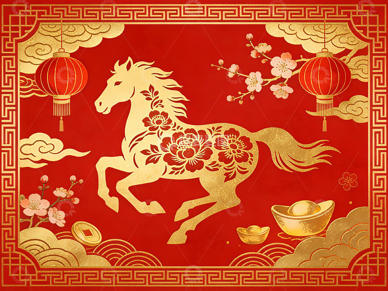 高清大图下载【趣麦麦图】金色骏马新年装饰图案