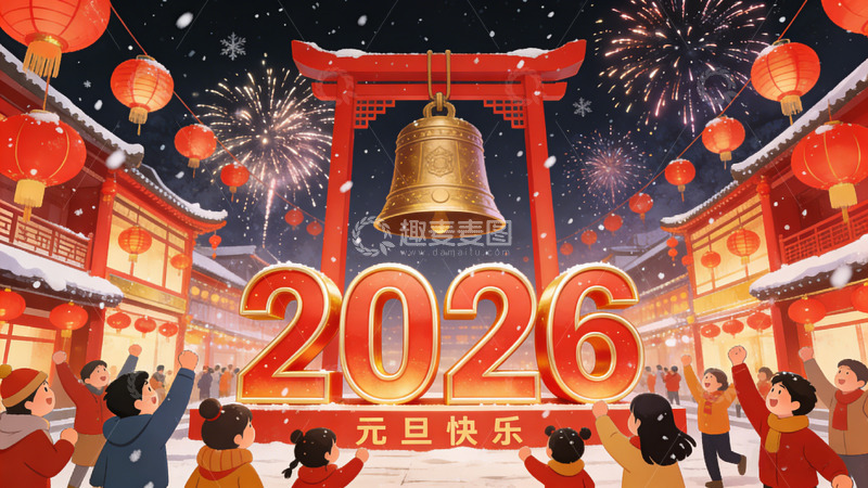 高清大图下载【趣麦麦图】2026年元旦喜庆插画
