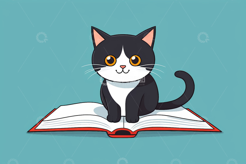 高清大图下载【趣麦麦图】黑猫坐于翻开的书本上