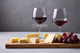 两杯红酒搭配奶酪与葡萄