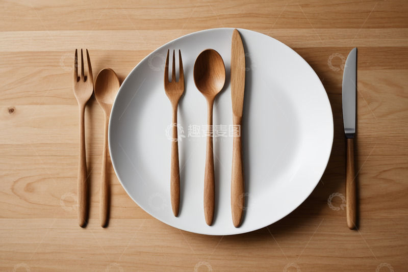 高清大图下载【趣麦麦图】木质餐具摆放在白色餐盘旁