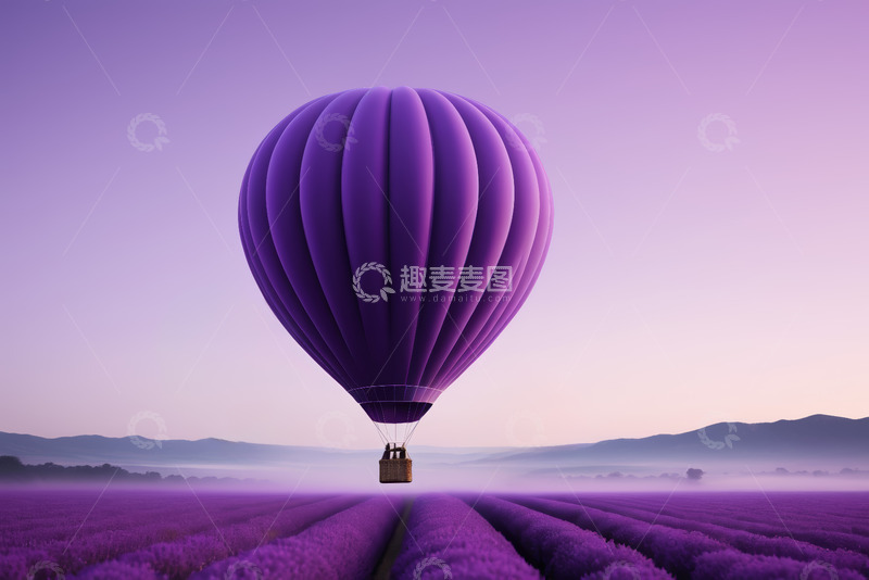 高清大图下载【趣麦麦图】紫色热气球飞在薰衣草田上空