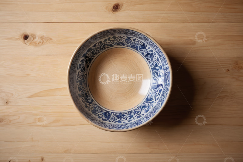 高清大图下载【趣麦麦图】木桌上的青花瓷碗特写