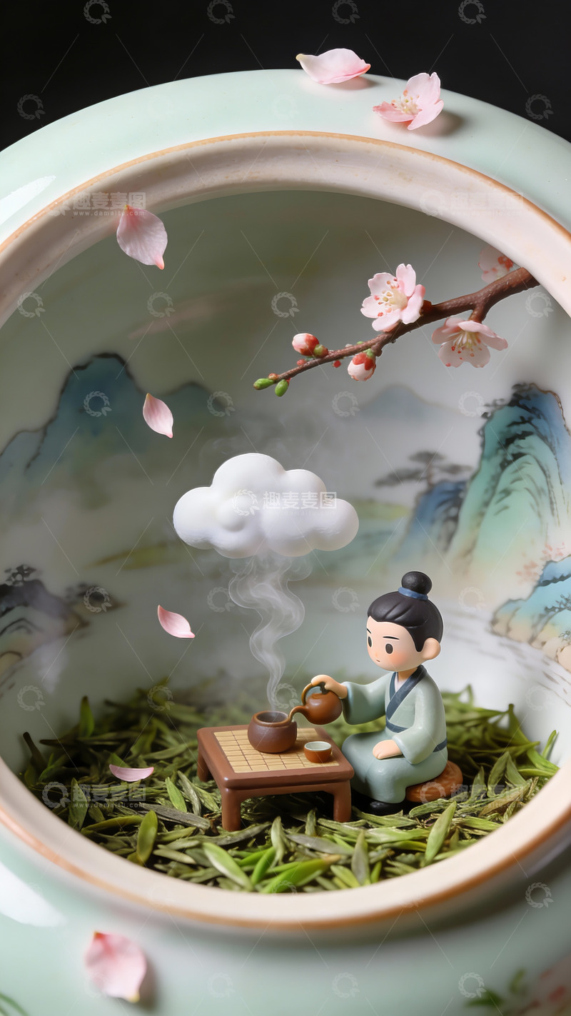 高清大图下载【趣麦麦图】青瓷罐中藏着春日茶会