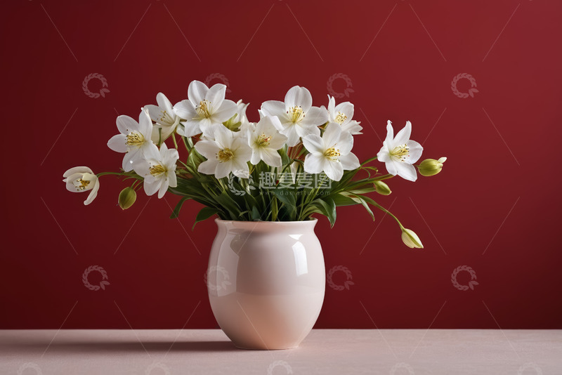 高清大图下载【趣麦麦图】白色花朵花瓶摆放在红色背景前