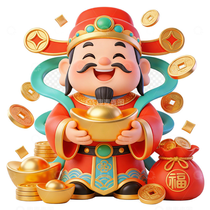 高清大图下载【趣麦麦图】卡通财神爷金币元宝喜庆设计
