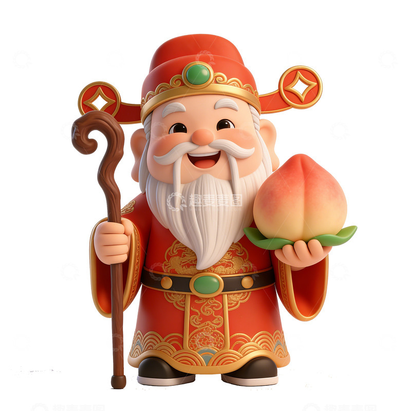 高清大图下载【趣麦麦图】卡通中国福神寿桃雕像