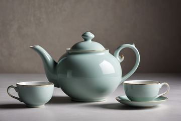 青绿色茶壶与茶杯组合