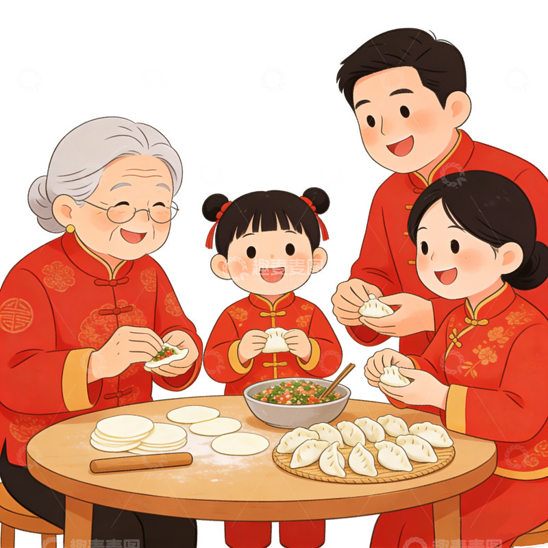 高清大图下载【趣麦麦图】卡通春节包饺子家庭插画