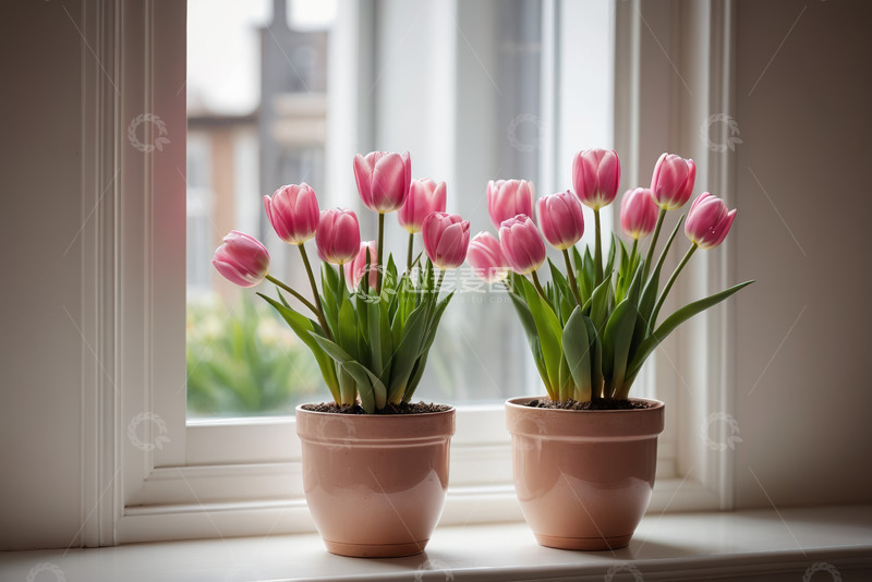 高清大图下载【趣麦麦图】窗边粉色郁金香盆栽