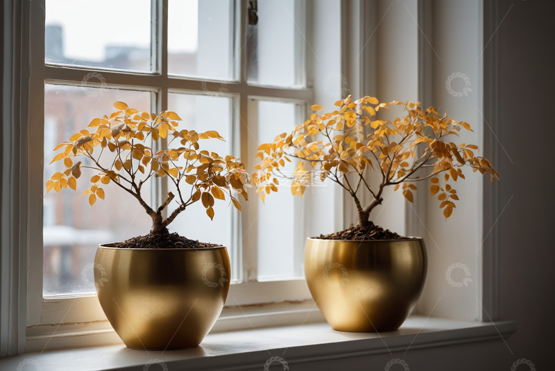 高清大图下载【趣麦麦图】窗边金色花盆中的植物盆栽