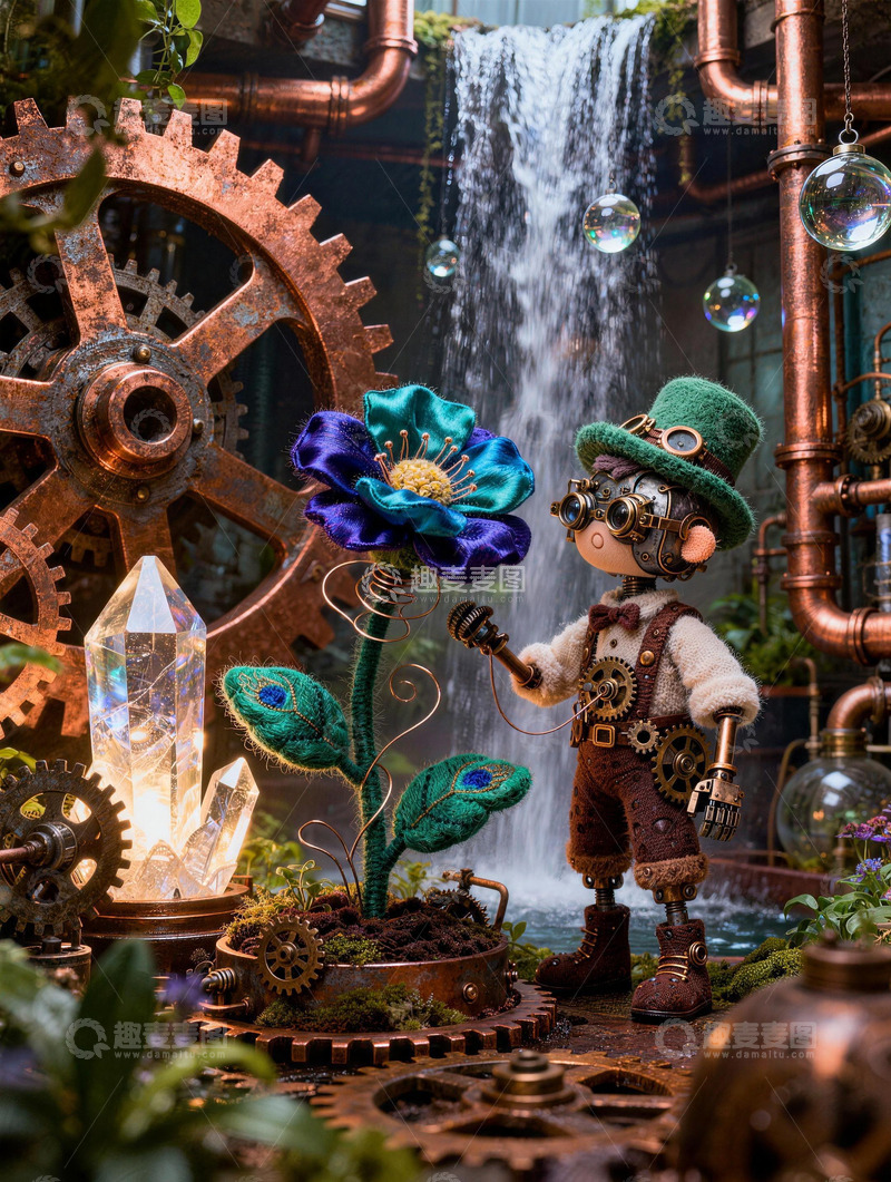 高清大图下载【趣麦麦图】齿轮瀑布边的机械花匠