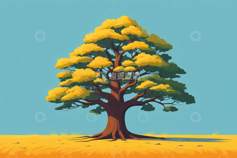 高清大图下载【趣麦麦图】田野中的独棵树木插画