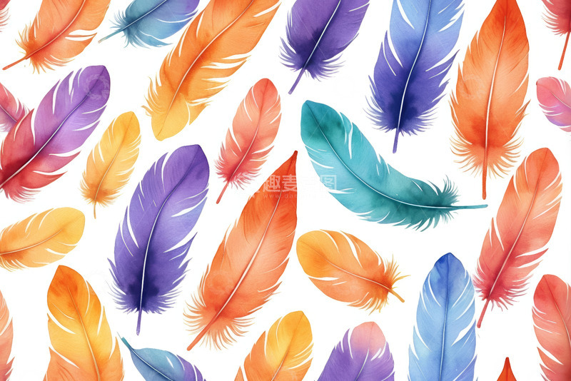 高清大图下载【趣麦麦图】多彩水彩羽毛图案背景素材