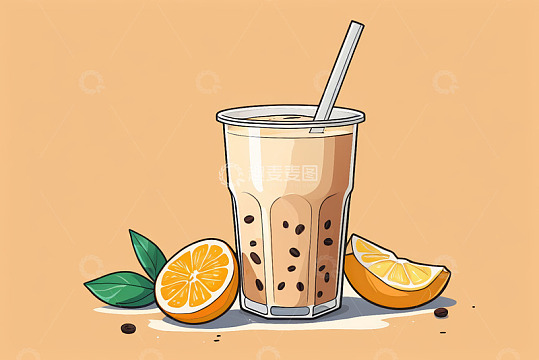 卡通风格珍珠奶茶与橙子插画