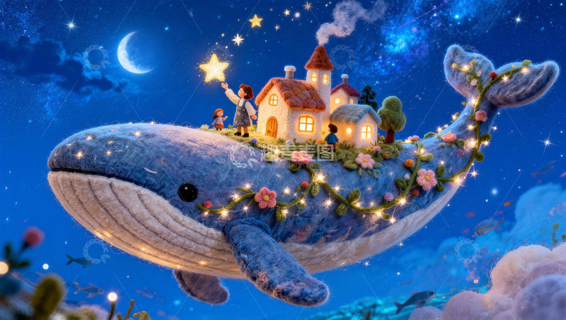 高清大图下载【趣麦麦图】星夜飞鲸载着童话小镇1