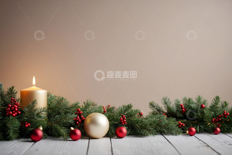 高清大图下载【趣麦麦图】圣诞装饰蜡烛与松枝场景