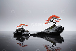 水中岩石上的红枫叶盆景