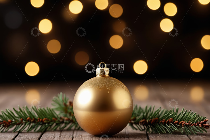 高清大图下载【趣麦麦图】金色圣诞球与松枝装饰