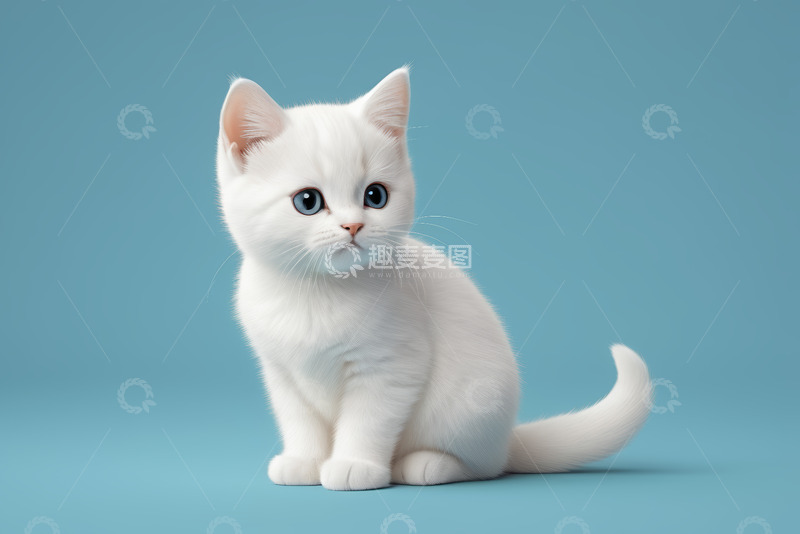 高清大图下载【趣麦麦图】白色小猫坐立在蓝色背景前