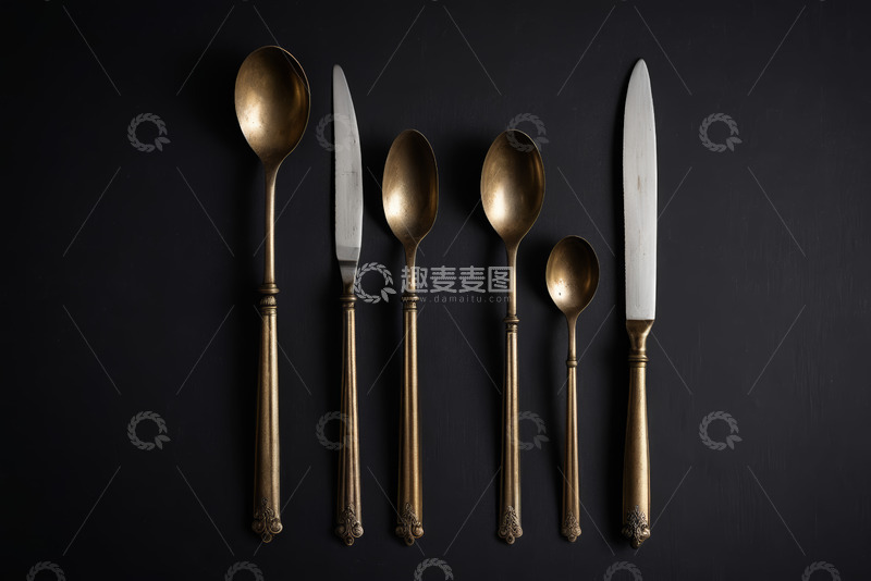 高清大图下载【趣麦麦图】黑色背景上的金属餐具组合