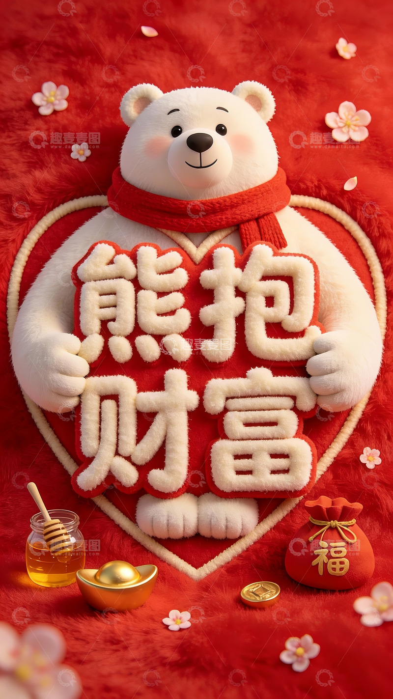 高清大图下载【趣麦麦图】软萌白熊熊抱财富
