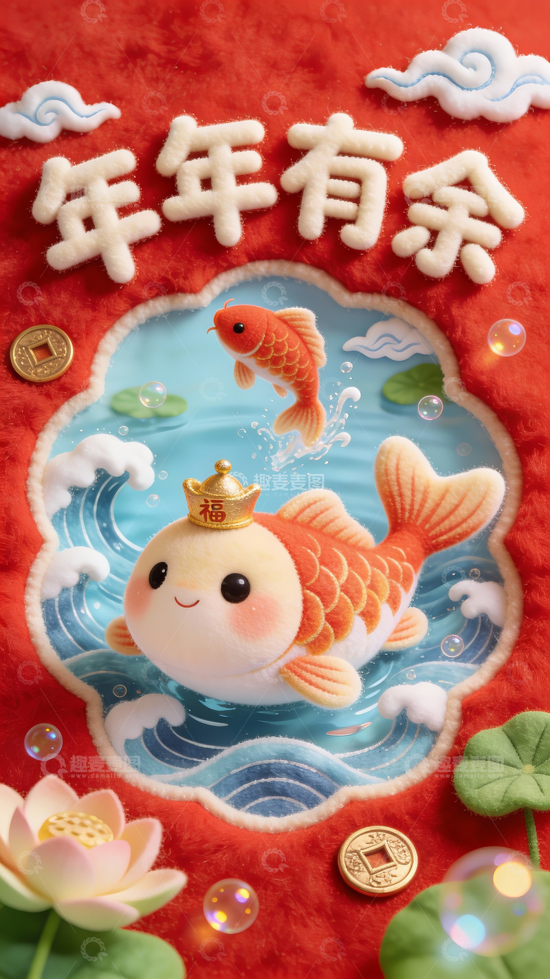 高清大图下载【趣麦麦图】福冠锦鲤游春：年年有余庆新岁