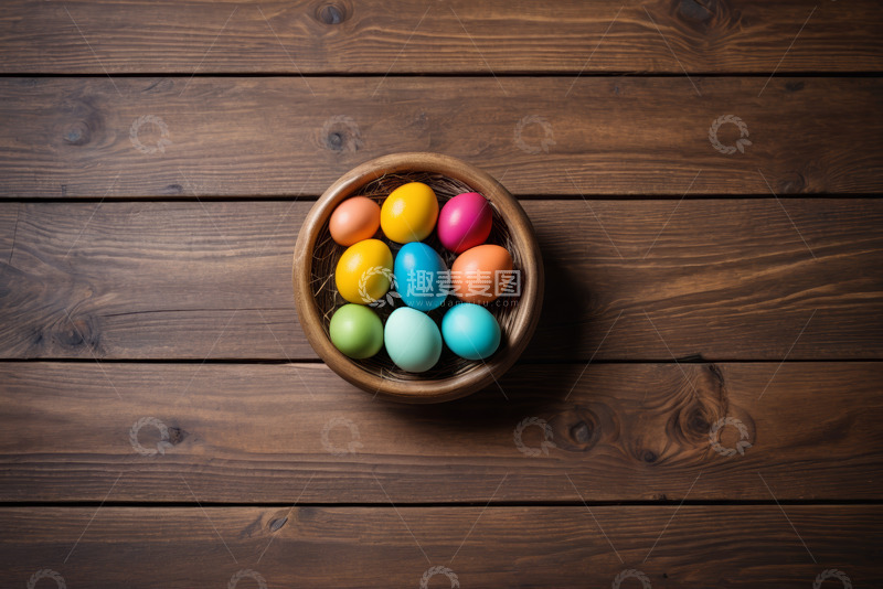 高清大图下载【趣麦麦图】木桌上碗装多彩复活节鸡蛋