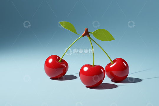 三颗带叶樱桃特写
