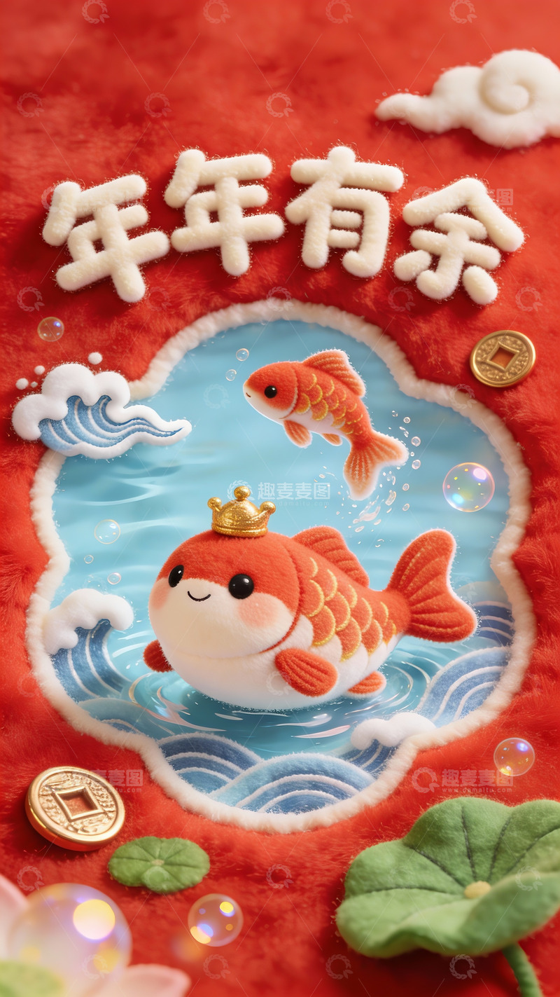 高清大图下载【趣麦麦图】锦鲤抱福伴年年有余