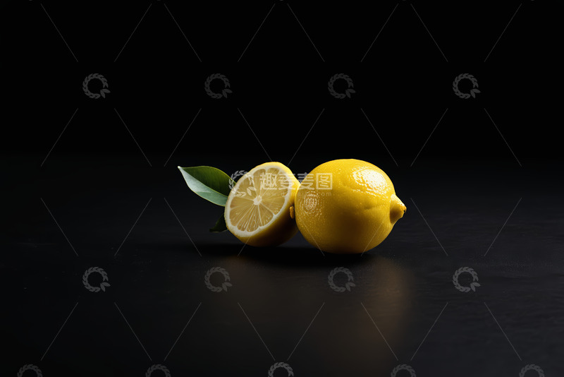 高清大图下载【趣麦麦图】黑底上的新鲜柠檬及半切柠檬
