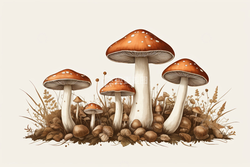 高清大图下载【趣麦麦图】插画风格的野生蘑菇群